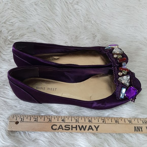 Nine West Women's Purple Satin Artificial Gem Stones Peek Toe Flats 8 1/2M - Picture 3 of 6